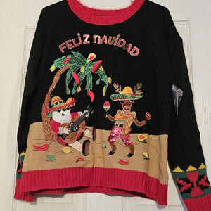 NWT Ugly Christmas Sweater Feliz Navidad Santa Guitar Sequins Chili Pepper Sz 2x